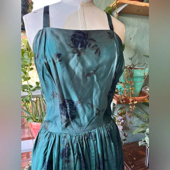 Vintage 1950s Teal Floral Satin Midi Dress - Picture 3 of 6